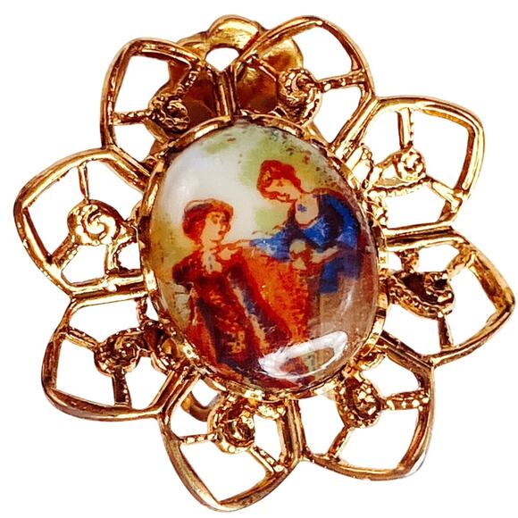 VTG Mid Century Gold Tone Filigree Clip On Earrings Transfer Art Print Glass 60s - Picture 2 of 11